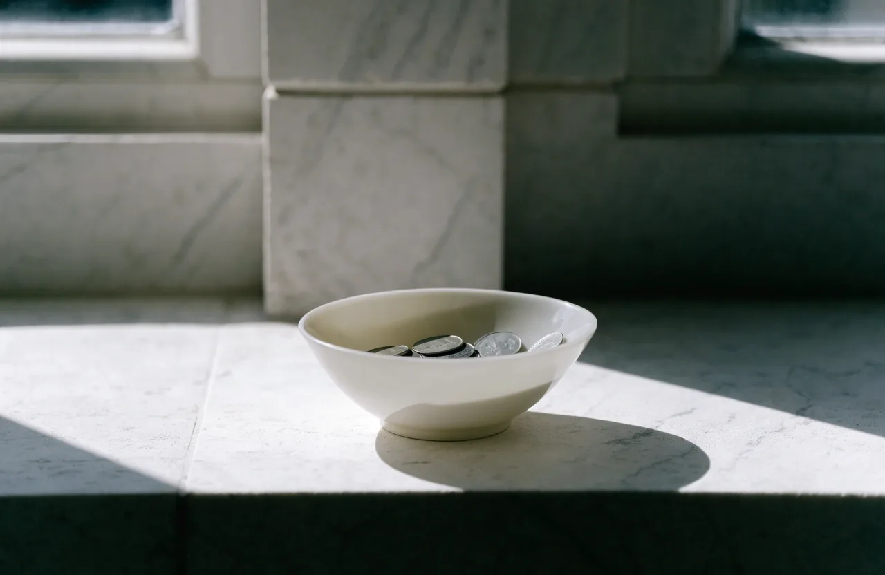 Płytka ceramiczna miska z drobnymi monetami na jasnym kamiennym parapecie
